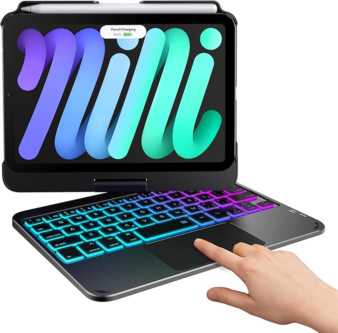 typecase Keyboard Case for iPad mini 7 (2024) & mini 6 (2021) - Wireless Case with Keyboard for iPad mini 7th 6th Generation 8.3" - 11 Colors Backlit Keyboard Cover with Trackpad - Black