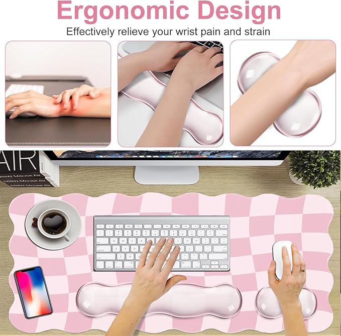 L-SPOUTTO Pink Checkered Mouse Pad Set,Scalloped XXL Desk Mat + Ergonomic Mouse Wrist Rest + Gel Keyboard Wrist Rest for Keyboard 65%/75%,3in1 Large Desk Pad for Desktop Home Office Computer Game