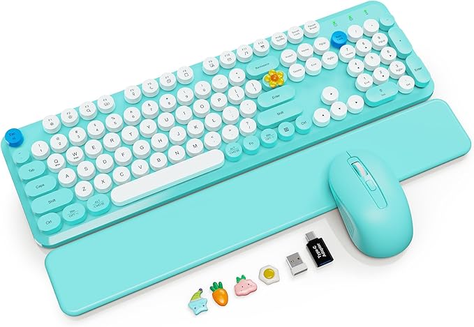 Wireless Keyboard and Mouse Combo with Magnetic Wrist Rest, Round Keycaps, Full-Size Retro Typewriter-Style Keyboard, Two-Stage Tilt Legs, Auto-Sleep, 2.4GHz Wireless for Windows PC Laptop, Aqua Blue