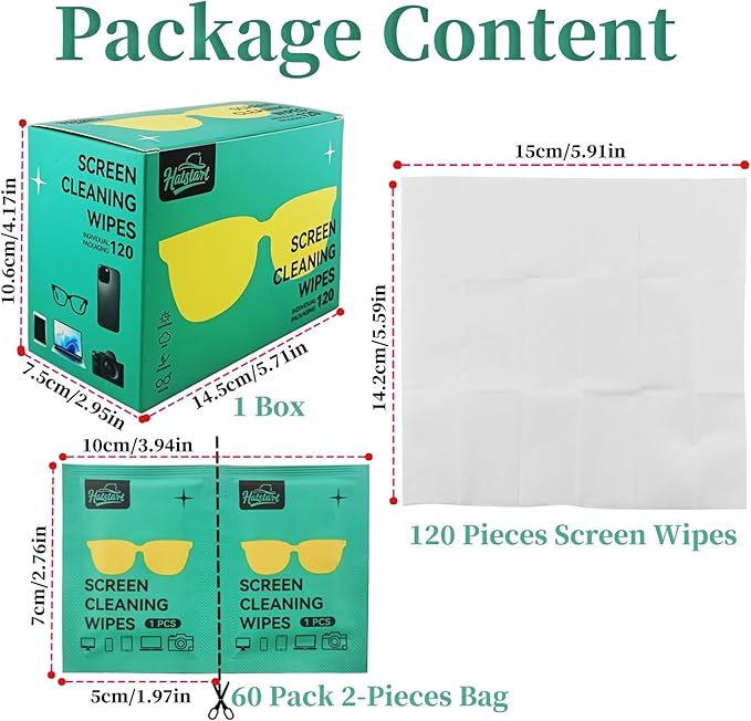 Screen Cleaner Lens Wipes for Electronics, 120 Count Eyeglass Cleaning Wipe for Screens Individually Wrapped, Electronic Wipes for Phone Laptop Computer Tablet Monitor TV