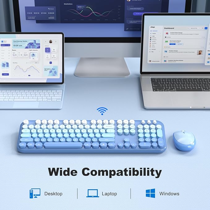 KNOWSQT Wireless Keyboard Mouse Combo - Lovely Blue-Gradient Rainbow Full-Sized Typewriter Colorful Keyboards, Round Keycap Plug Play Retro Cute Keyboards for Windows, Laptop, PC, Desktop, Computer