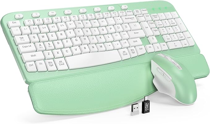 SABLUTE Wireless Keyboard and Mouse Combo, Ergonomic Wave Keys, Cushioned Plam Rest, Comfortable Silent Natural Typing, 2.4G Lag-Free, MA12 Full Size Keyboards Set for Multi-OS, Windows/Mac, Green