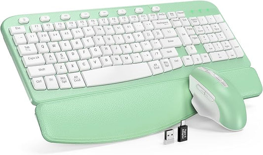 SABLUTE Wireless Keyboard and Mouse Combo, Ergonomic Wave Keys, Cushioned Plam Rest, Comfortable Silent Natural Typing, 2.4G Lag-Free, MA12 Full Size Keyboards Set for Multi-OS, Windows/Mac, Green