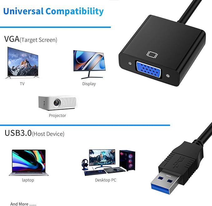 USB to VGA Adapter, USB3.0/2.0 to VGA Adapter Multi-Display Video Converter Full HD 1080P External Video Card Multi Monitor, Desktop, Laptop, HDTV, Monitor, Projector (Windows 10/8.1/8/7)