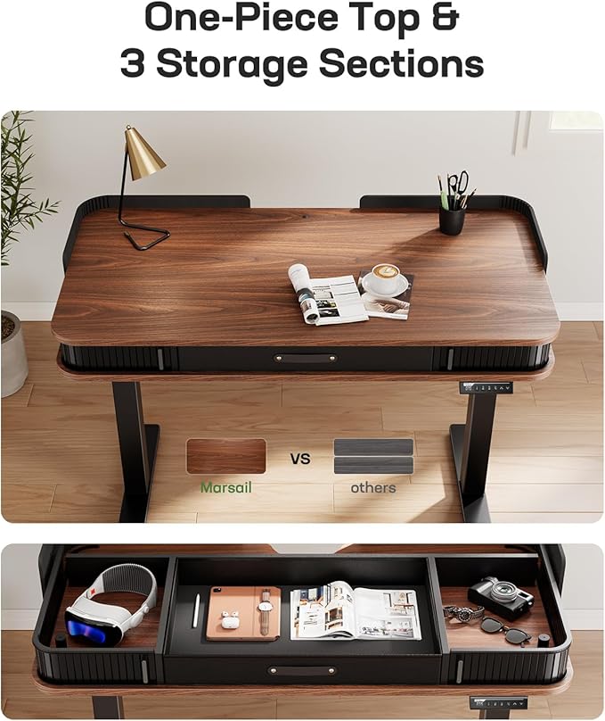 Marsail Standing Desk, Whole-Piece Desktop Computer Desk, 48 x 24 Inches Adjustable Desk with 3 Drawers, Home Office Desks with 3 Memory Preset