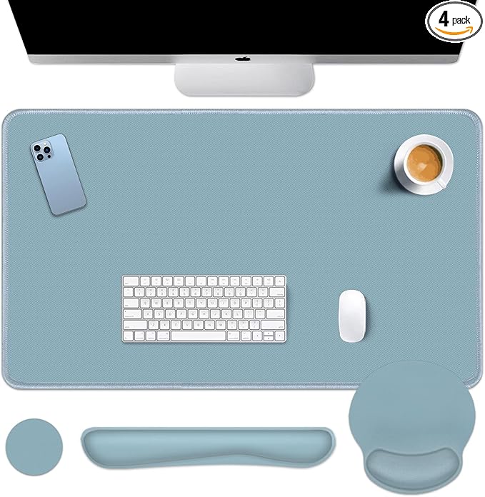 Britimes Blue Keyboard Mouse Pad Set Blue 4 in1 Large Mousepad+Keyboard Wrist Rest+Mouse Wrist Rest+Coaster Ergonomic Design for Home Office Computer 35.4x15.7Inches