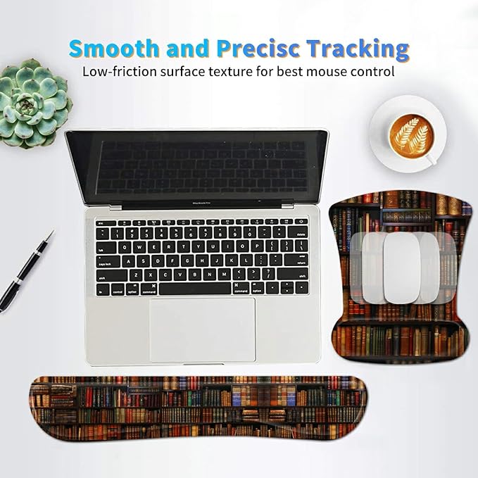 Ergonomic Mouse Pad with Wrist Support Gel Mousepads and Upgrade Keyboard Wrist Rest Pad Set, Coasters Non-Slip PU Base Mouse Mat for Office Gaming Computer Laptop Home, Library Books