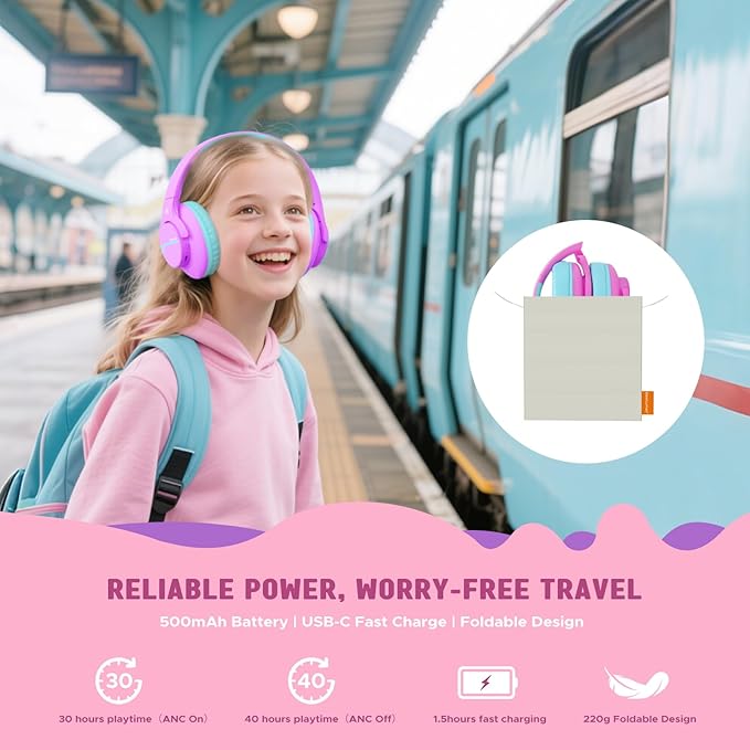Steellumen Nova1Lite Kids Wireless Active Noise Cancelling Headphones, Bluetooth 5.3, Safe Volume 74/85/94dB, Real 40H Battery, Type-C Fast Charging, boy Girl Built-in Mic for School Travel Airplane