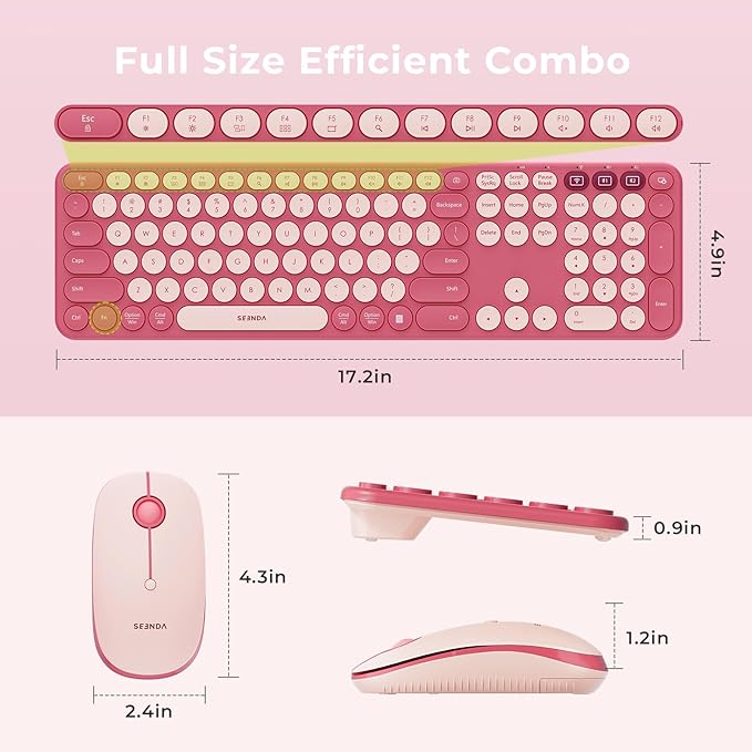 seenda Wireless Bluetooth Keyboard and Mouse Combo, COE202 Retro Cute Round Keycaps, 3 Multi-Device Connection, Full Size Keyboard Compatible for PC/Laptop/Mac/MacBook/iPad/Tablet, Pink