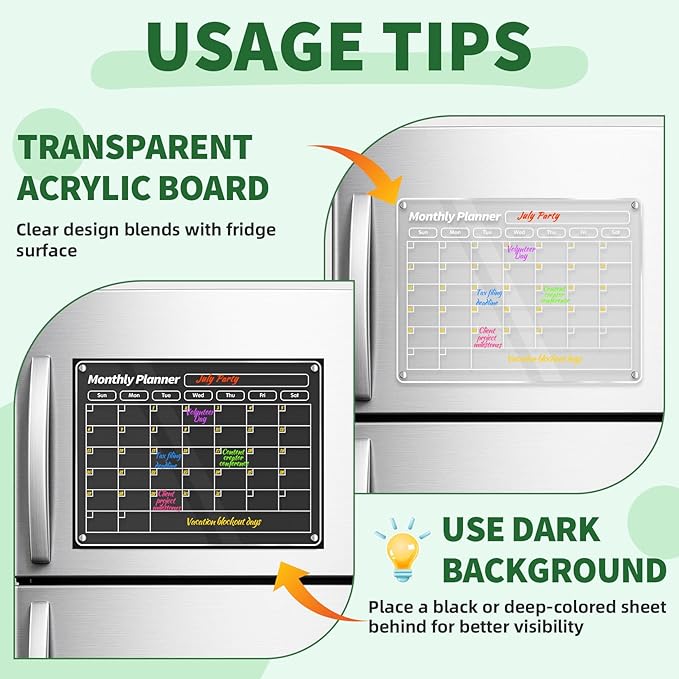 FINDMAG Acrylic Dry Erase Magnetic Calendar for Fridge, 16"x12" Magnetic Calendar for Refrigerator, Clear Monthly and Weekly Meal Planner Fridge Magnets, Chore Chart for Kids with 8 Colors Markers
