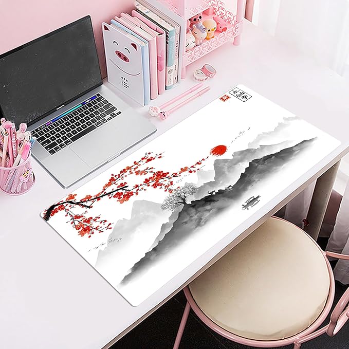 EOBTAIN Japanese Large Gaming Mouse Pad Cherry Blossom Keyboard Mat 31.5x15.7 Inch Mountain Landscape XXL Thin and Big Extended Desk Mat Smooth Non-Slip Rubber Mousepad Stitch Desk Accessories