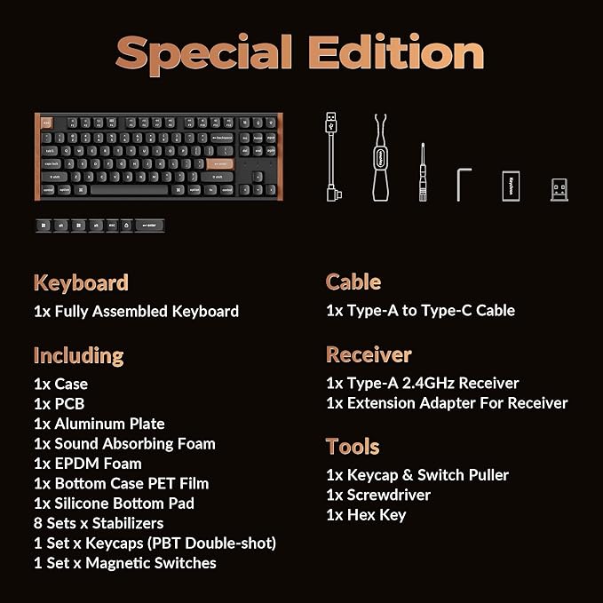 Keychron K8 HE TKL Hall Effect Wireless Mechanical Keyboard, Magnetic Hot-Swappable Switches, Rapid Trigger, QMK/VIA, RGB, 2.4GHz/Bluetooth 5.2/Wired, Aluminum & Wood Frame, Mac Windows Linux – Black