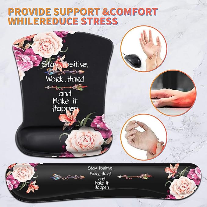 Keyboard Wrist Rest Pad and Ergonomic Mouse Pad Wrist Support Set Peony Flower Stay Positive Work Hard and Make It Happen for Gaming, Office, Comfortable and Pain Relief with Coaster Set
