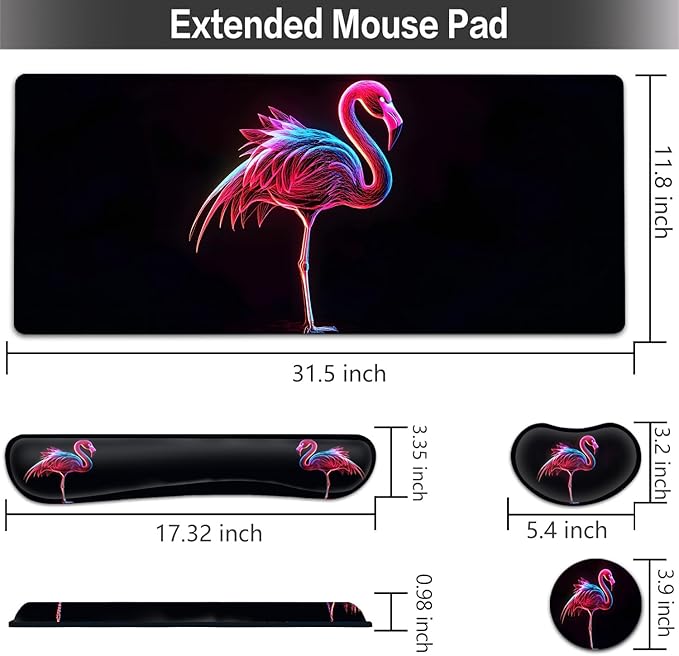 Large Mouse pad and Keyboard Support Set, Ergonomic Memory Foam Keyboard Wrist Rest, Extended Gaming Mouse Pad with Stitched Edges, Pink Flamingo Black XXL Desk Mat (31.5 X 11.8 in)