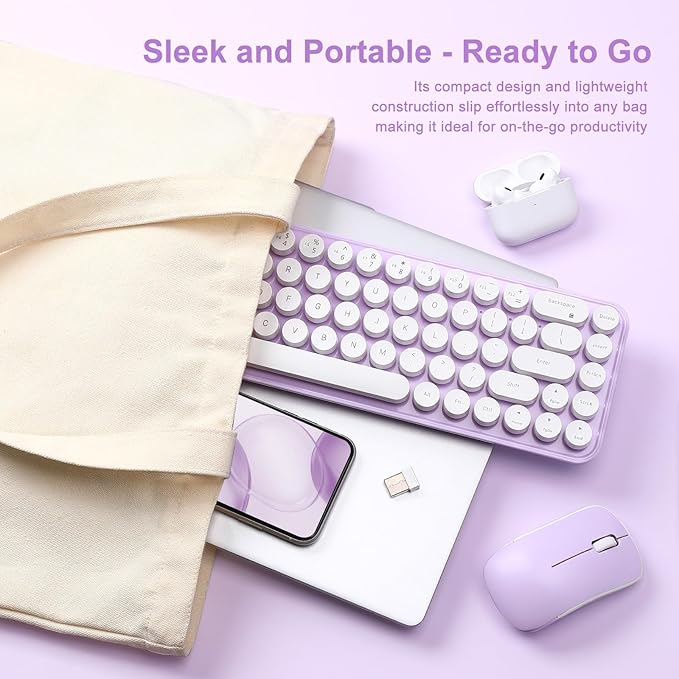 i68 Wireless Typewriter Keyboard and Mouse Combo,Purple Keyboard with 2.4GHz Connection, Cute Retro Aesthetic Design Round Keycaps for Tablet, Phone, PC and Win/Mac/Android(Purple)