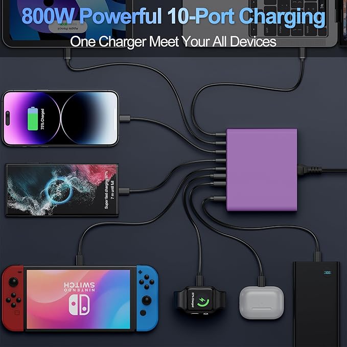 800W USB C Charger Block,10-Port Charging Station GaN Fast Charging Type C & USB A Wall Charger Adapter for MacBook Pro/Air,iPhone,iPad,Dell XPS,Samsung Galaxy(Purple)