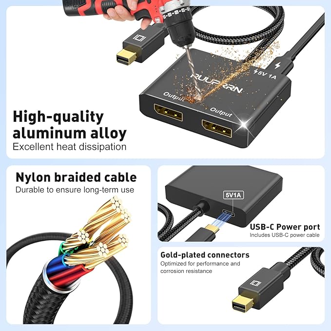 Mini DisplayPort to Dual DisplayPort Adapter,4K60Hz Thunderbolt 2 Male to 2 DP Female Splitter Extended Display Adapter, Mini DP 1.4 Spitter for MacBook Air/Pro,Mac mini,Surface Pro/Dock