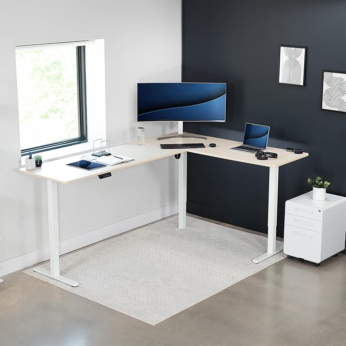 VIVO Corner Standing Desk, 84 x 63 inch Reversible L-Shaped Workstation, Electric Height Adjustment, Home, Office, and Reception Rooms, Light Wood Table Top White Frame, DESK-E3CTWC-84