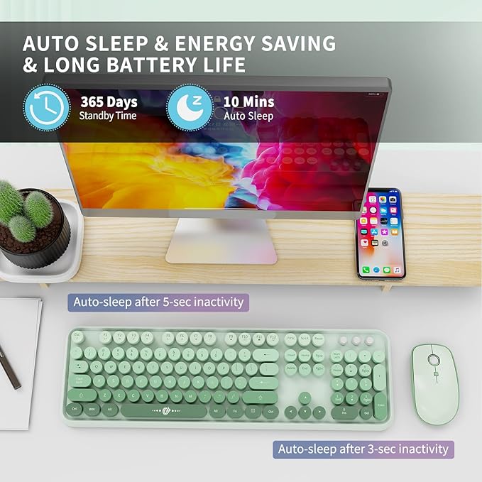 Sage Green Wireless Keyboard and Mouse Combo, Retro Typewriter Style Cute Bubble Keyboard with Round Keys, 2.4GHz Full Size Computer Keyboard and Mouse with 3 DPI for PC Laptop Windows (Mint Green)