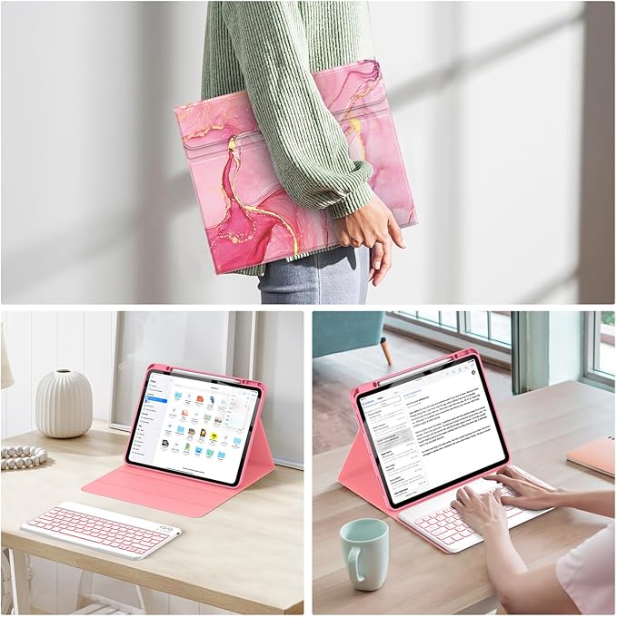 Soke Keyboard Case for iPad Pro 13 Inch (M5 2025/M4 2024), 7-Color Backlit Detachable Bluetooth Keyboard, Folio Stand TPU Back Cover with Pencil Holder for iPad Pro 13", Red Marble