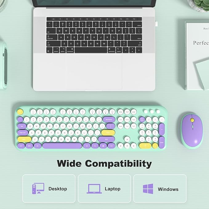 Wireless Keyboard and Mouse Set, SQMD Typewriter Full Size Keyboard with Number Pad, 2.4G USB Cute Typewriter Keyboard and Mouse Combo, for Windows 7/8/10, Laptop, Desktop, PC - Blue Colorful