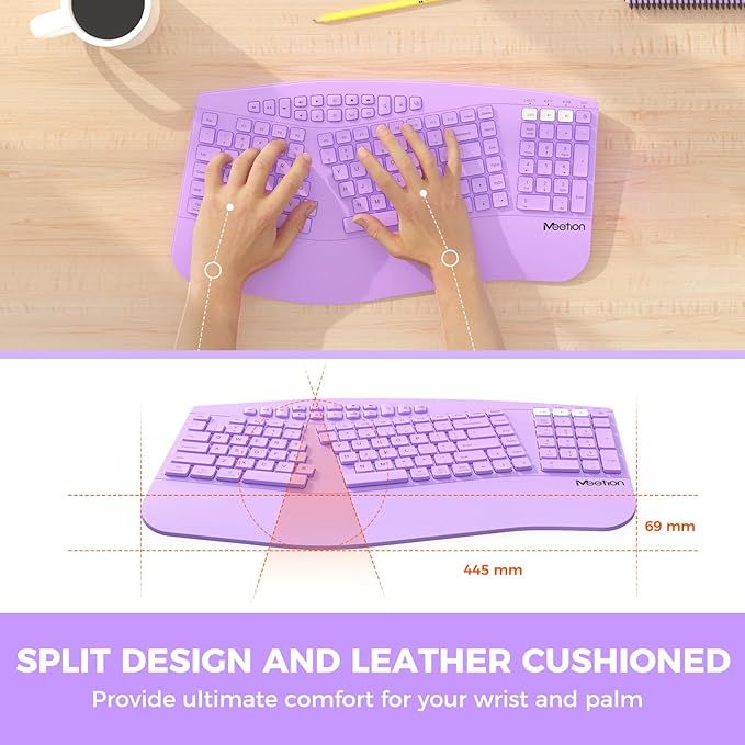 MEETION Ergonomic Keyboard Wireless, Multi-Device Bluetooth Keyboard, Wrist Rest for Natural Typing, Full-Sized Rechargeable Split Computer Keyboards, for Windows/Mac/PC/Laptop/Ta