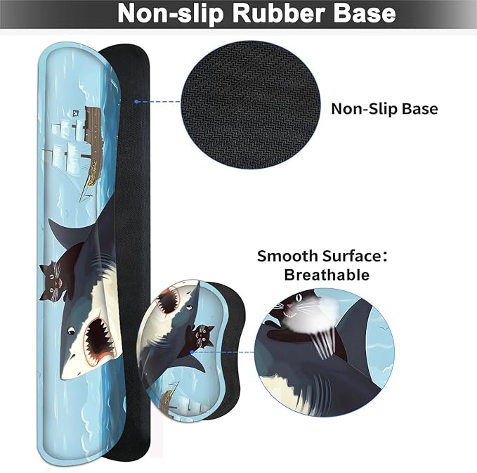 Large Mouse pad and Keyboard Support Set, Ergonomic Memory Foam Keyboard Wrist Rest, Extended Gaming Mouse Pad with Stitched Edges, Cute Cat Riding Shark XXL Desk Mat (31.5 X 11.8 in)
