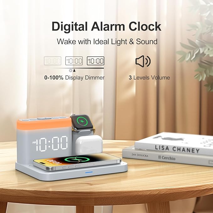 ANJANK Wireless Charging Station with Alarm Clock & Night Light,Magnetic 5 in 1 Charger Stand for Multiple-Device,Charging Dock for iPhone 17 16 15 14 13 12 Pro Max Plus,Apple Watch,Airpods,Nightstand