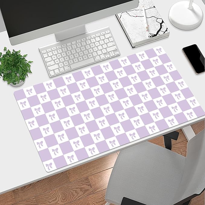 HVEST Purple Checkered Mouse Pad Cute Bow Desk Mat XXL Large Gaming Mouse Pad for Computer Keyboard Laptop, Mousepad with Stitched Edges, Home Office Desk Accessories for Girl Women 31.5'' x 15.7''