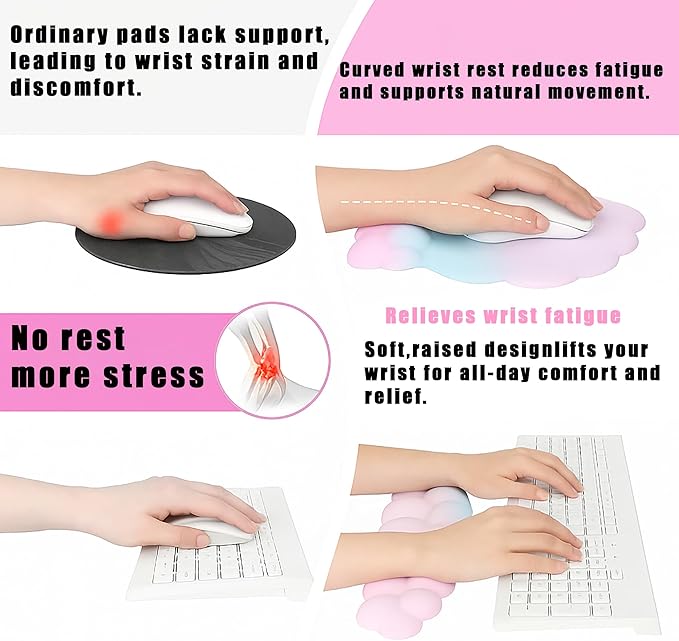 OUEST Cloud Wrist Rest Keyboard and Mouse Pad with Cute Ergonomic Memory Foam Non-Slip PU Base for Computer Mac Laptop Office Gaming-Blue/Pink/Purple