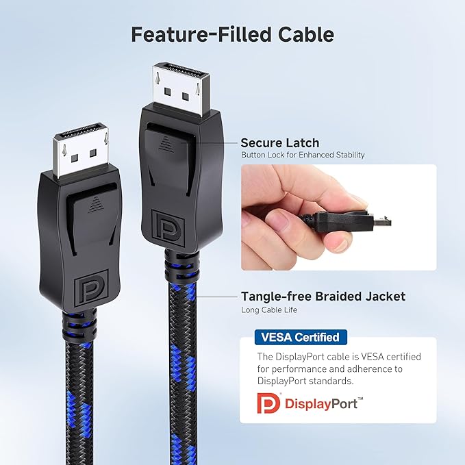 Cable Matters [VESA Certified] 6 ft 32.4Gbps Braided DisplayPort Cable 1.4, 8K 60Hz / 4K 240Hz DisplayPort 1.4 Cable with FreeSync, G-SYNC and HDR for Gaming Monitor, PC, RTX 4080/4090, RX 6800/6900
