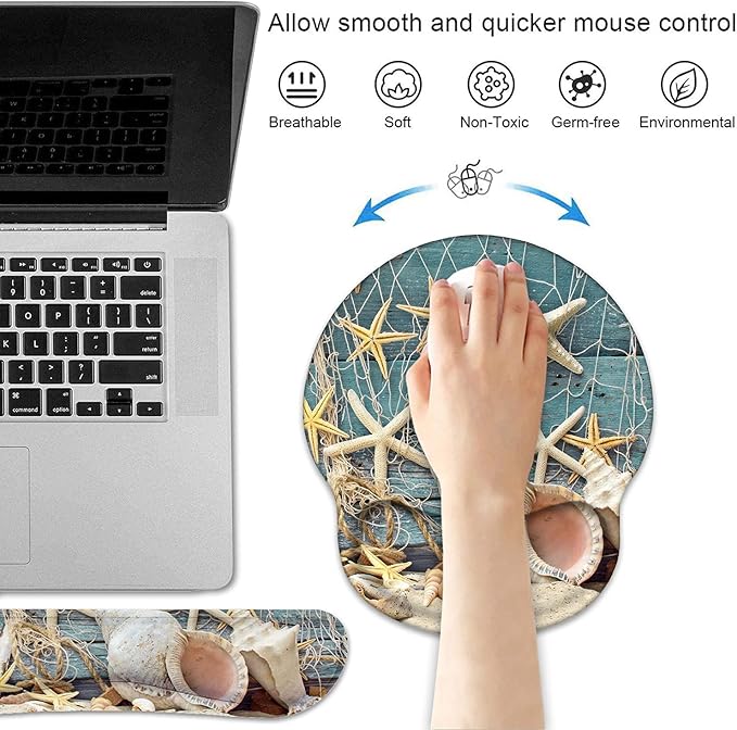 Keyboard Wrist Rest and Mouse Pad Wrist Support Set with Coasters, Non-Slip PU Base, Easy Typing and Relieve Wrist Pain, Perfect for Home Office Working Studying, Seashell Conch Starfish