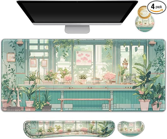 DINKY Large Mouse Pad and Keyboard Wrist Rest Set, Extended Desk Mat Keyboard Wrist Rest, 4in1 Ergonomic Memory Foam Desk Mat Protector Blotter for Home Office-Nice Green Window