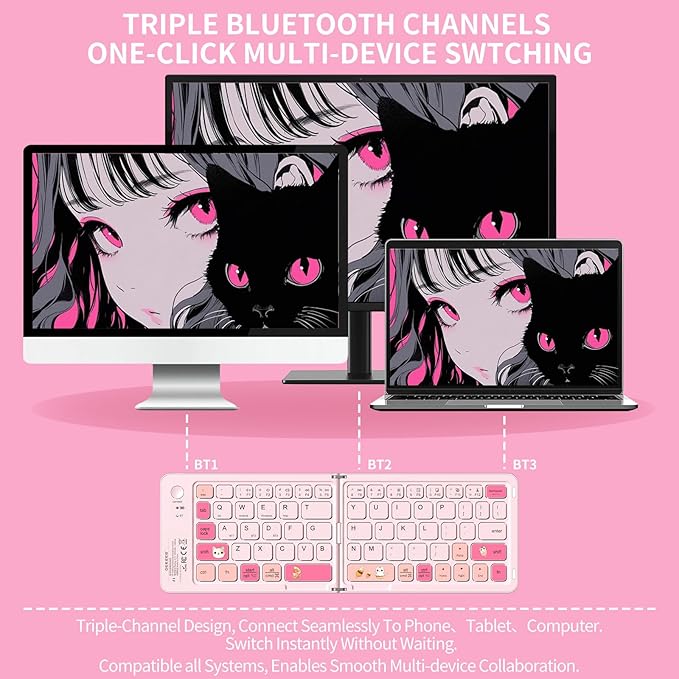 Pink Foldable Mini Bluetooth Keyboard, Portable Compact Wireless Rechargeable Keyboard with 67 Slim Quiet Keys, Cute Pocket-Sized Travel Keyboard for iPad iPhone Android Tablet Mac Windows-Cat Theme