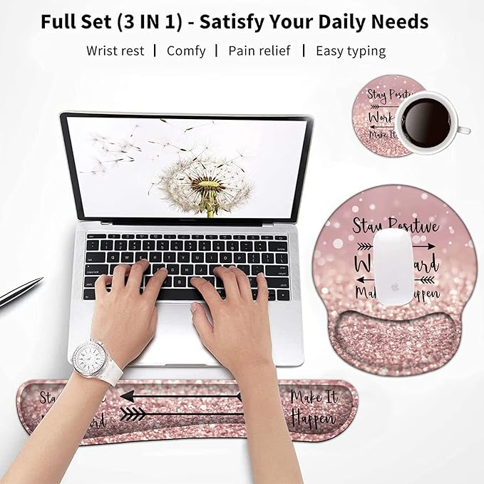 Keyboard Wrist Rest and Mouse Pad with Wrist Support, Ergonomic Mouse Pad Coaster, Easy Typing Pain Relief, Memory Foam Keyboard Mousepad Set,Stay Positive Work Hard and Make It Happen Pink