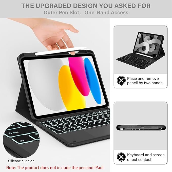 for iPad A16 11th 10th Case with Keyboard: Backlit Keyboard Case with Trackpad & Pencil Holder, Magnetic Detachable for Students Daily Learning & Note-Taking, Prestige Black