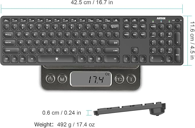 Arteck Universal Backlit 7-Colors & Adjustable Brightness Multi-Device Full Size Wireless Bluetooth Keyboard for Windows, iOS, iPad OS, Android, Computer Desktop Laptop Surface Tablet Smartphone