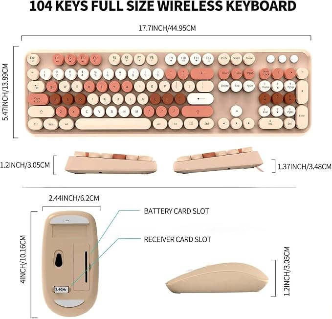 Wireless Keyboard and Mouse Combo,Retro Typewriter Keyboard with 104 Cute Colorful Round Keys,Brown Coffee keyboard and Mouse Set for Long Nail,2.4GHz Full Size Keyboard with 3 DPI Mouse for PC Laptop
