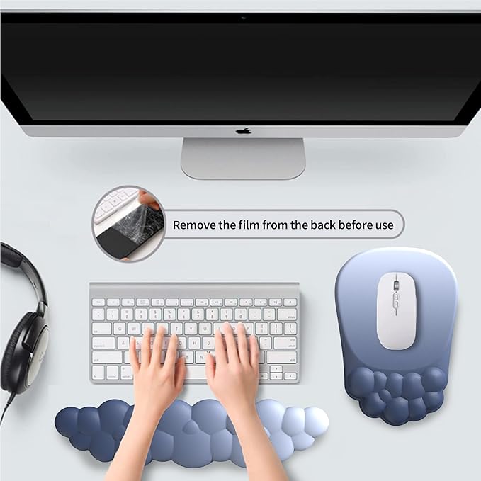 Ergonomic 2 in 1 Cloud Mouse Pad and Keyboard Rest, Non-Slip Wrist Support for Easy Typing & Wrist Pain Relief - Blue