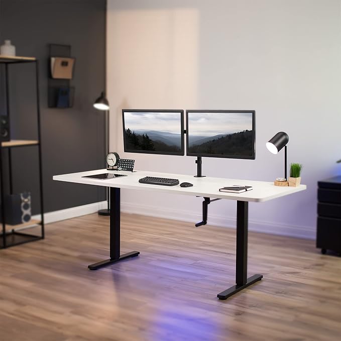 VIVO Manual Height Adjustable 71 x 30 inch Stand Up Desk, White Table Top, Black Frame, Standing Workstation with Foldable Handle, DESK-KIT-MB7W