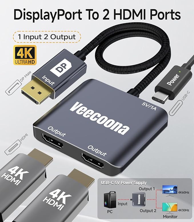 DisplayPort to Dual HDMI Adapter 1 in 2 Out | 4K60Hz, DP Source to HDMI Splitter Extended Display port splitter for Dual monitors, for Desktop,Laptop,NVIDIA, AMD Graphics Card - MACOS Not Support MST