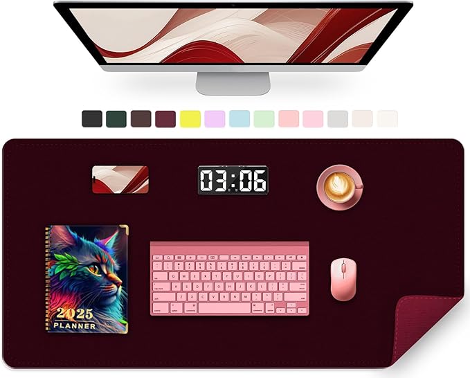 Large Desk Mat 35.4" x 17", PU Leather Desk Pad Protector, Non-Slip Large Mouse Pad for Desk, Waterproof Computer Desk Mat, Office Desk Pad for Keyboard Mouse, Desk Writing Mat (Burgundy)