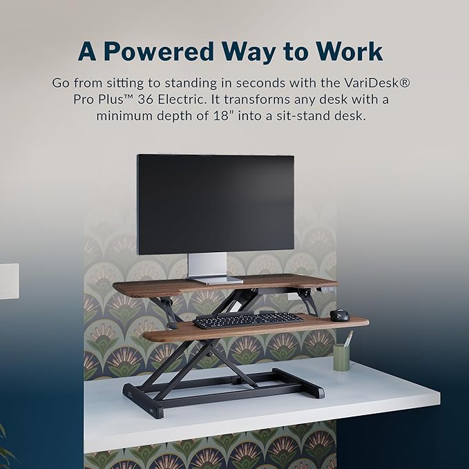 Vari VariDesk Pro Plus 36 - Electric Standing Desk Converter -11 Height Settings + Spring-Loader Lift, 2 Tier Design with Keyboard Tray or Laptop Stand – Fully Assembled (Walnut)