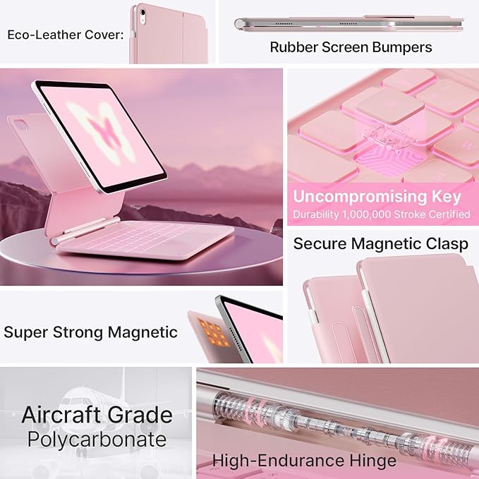 typecase Edge Keyboard Case for iPad 11th Gen A16 (2025) & 10th Gen 10.9" (2022) – Multi-Touch Trackpad, 11-Color Backlit Magic-Style Keyboard – Floating Magnetic Stand, Pencil Holder – Light Pink