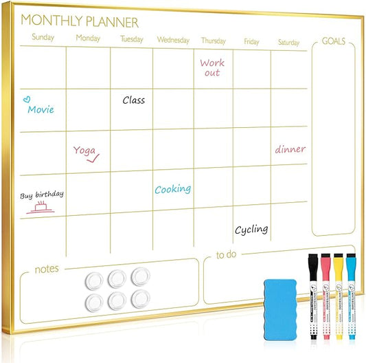 Dry Erase Calendar Whiteboard for Wall, 24'' x 18'' Monthly White Board Planner with Gold Frame, Magetic Hanging Wipe Board for Home Office School Dorm