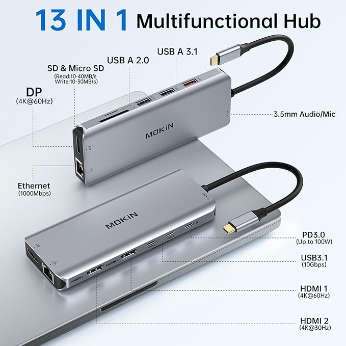 USB C Laptop Docking Station Dual Monitor Dual HDMI 4K DP Triple Display Hub, 13 in 1 MOKiN USB C Hub with 3 Monitors, DisplayPort, USB 3.1, RJ45, 100W PD, Card Reader, Audio/Mic, for Dell HP Lenovo