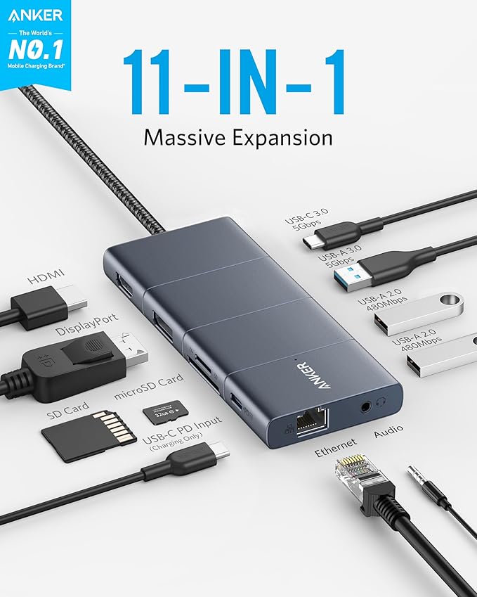 Anker USB C Hub, 11-in-1 Docking Station with 4K@60Hz HDMI and DP, 85W Power Delivery, USB-C&3 USB-A Data Ports, 1 Gbps Ethernet, 3.5mm Audio, microSD and SD Card Reader