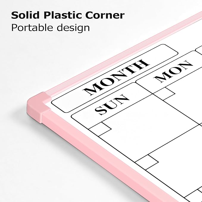 Monthly Whiteboard Calendar for Wall, 24" x 18" Dry Erase Board with Plastic Frame, Hanging Dry Erase Calendar with 3 Mini Sticky Notes for Kitchen Planner, Memo, Home and Office, Pink