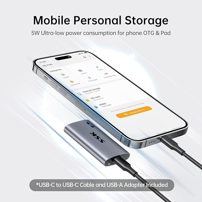 SSK 1TB SSD External Hard Drive, Portable SSD Up to 550MB/s Fast Solid State Drives, External Drive USB 3.2 Gen2 for iPhone 15/Pro, Windows, Mac, Android with LED Light, Trim, SMART Supported