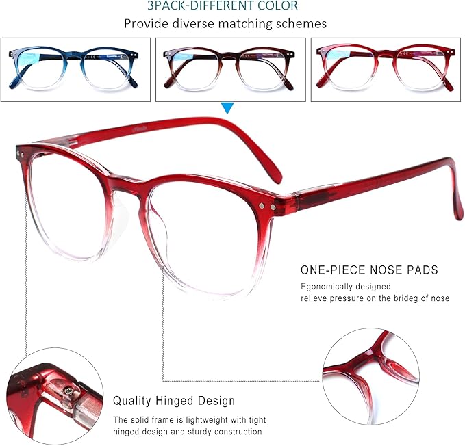 Henotin 3-Pack Blue Light Blocking Reading Glasses,Spring Hinge Computer Readers for Men Women,Anti UV Ray Filter Eyeglasses (Multicolor, 2.25)